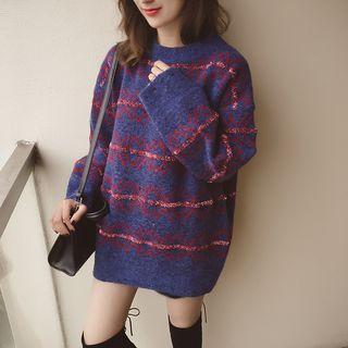 Patterned Perforated Long-sleeve Knit Top