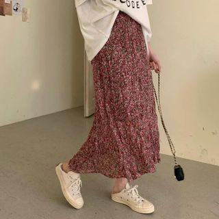 High-waist Floral Pleated Chiffon Midi Skirt Pink - One Size