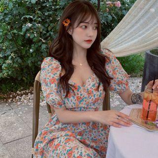 Floral Puff-sleeve Bow Back A-line Dress Dress - Blue & Orange & White - One Size