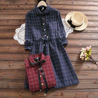 Fleece-lined Plaid Long-sleeve Gathered-waist Dress