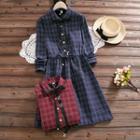 Fleece-lined Plaid Long-sleeve Gathered-waist Dress