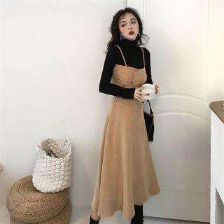 Set: Turtleneck Long-sleeve T-shirt + Spaghetti Strap Midi A-line Dress