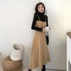 Set: Turtleneck Long-sleeve T-shirt + Spaghetti Strap Midi A-line Dress