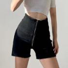 High-waist Zip-up Furry-trim Denim Shorts