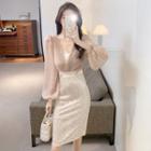 Puff-sleeve Sequined Sheath Dress