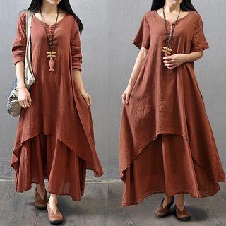 Plain Mock Two-piece Linen Loose-fit Dress