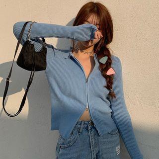 Collared Zipper Crop Knit Top