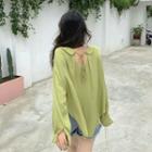 Plain Long-sleeve Loose-fit Blouse Green - One Size