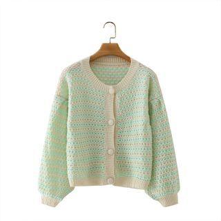 3/4-sleeve Two-tone Cardigan Almond & Aqua Blue - S