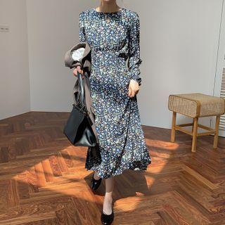 Crewneck Floral Print Midi Dress As Shown In Figure - One Size
