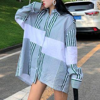 Striped Panel Long Shirt As Shown In Figure - One Size