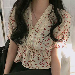Heart Print Short-sleeve Chiffon Blouse