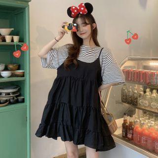 Mock Two-piece Short-sleeve Tiered Mini A-line Dress