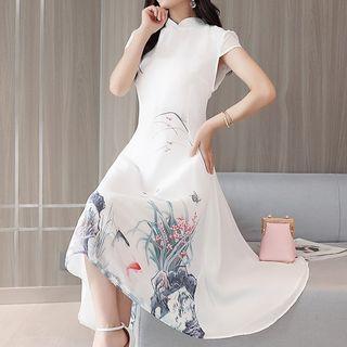 Printed Short Sleeve Midi Qipao