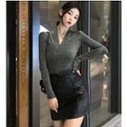 V-neck Long-sleeve T-shirt / Faux-leather Mini Skirt