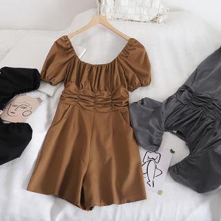 Shirred Front Short-sleeve Plain Jumpsuit