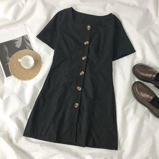 Short-sleeve Buttoned Square-neck A-line Dress