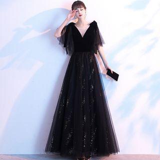 Elbow-sleeve Glitter Velvet A-line Gown