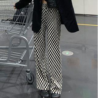 Checkerboard Pattern Wide-leg Pants Black & Almond - One Size