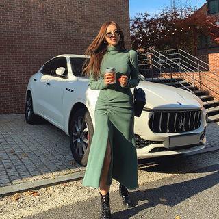 High-neck Shirred Deep-slit Knit Dress