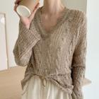 V-neck Summer Cable Sweater Beige - One Size