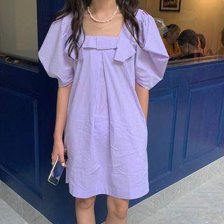 Square-neck Short-sleeve Shift Dress Taro Purple - One Size
