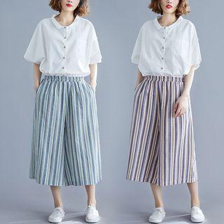 Plain Short-sleeve Blouse / Striped Cropped Wide-leg Pants