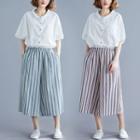 Plain Short-sleeve Blouse / Striped Cropped Wide-leg Pants