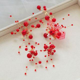 Wedding Set: Bead Branches Hair Clip + Fringed Earring 1 Pair Hair Clips & 1 Pair Clip On Earrings - One Size
