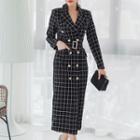 Long-sleeve Double Breasted Plaid Midi Coat Dress
