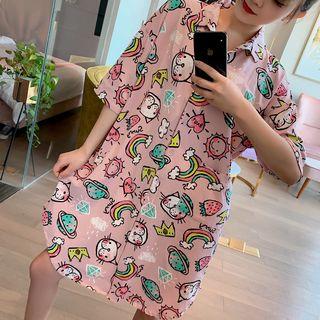 Printed Elbow-sleeve Sleep Dress