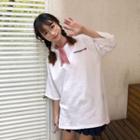 Letter Embroidered Neck Tie Short Sleeve T-shirt