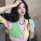 Short-sleeve Color Block Button-up Knit Top Green & Pink & Yellow - One Size