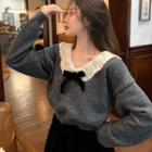 Lace Collar Bow Accent Knit Top / Plain Midi A-line Skirt