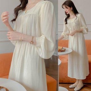 Long-sleeve Tie-waist Chiffon Midi A-line Dress
