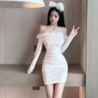 Long-sleeve Fluffy Trim Mini Bodycon Dress