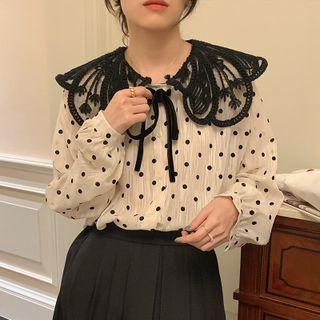 Long Sleeve Crochet Collar Dotted Shirt Beige - One Size