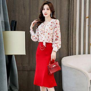Set: Long-sleeve Floral Print V-neck Blouse + Midi Mermaid Skirt