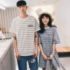 Couple Matching Color Panel Elbow Sleeve T-shirt