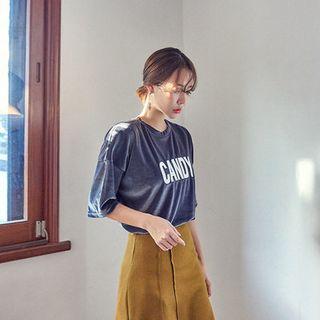 Elbow-sleeve Lettering Velvet T-shirt