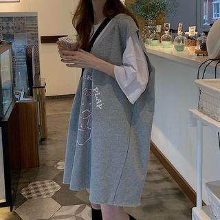 Oversized Print Vest / Elbow-sleeve T-shirt