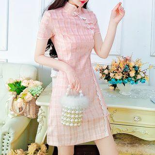 Short-sleeve Plaid Lace Trim Mini Qipao