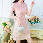 Short-sleeve Plaid Lace Trim Mini Qipao