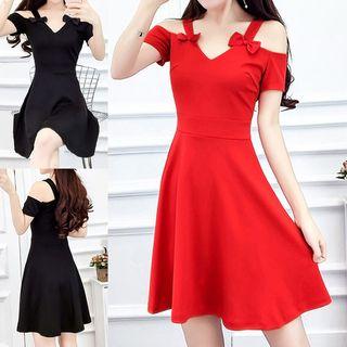 Short-sleeve Cold-shoulder A-line Mini Dress