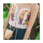 Spaghetti-strap Lace-up Embroidered Top