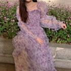 Puff-sleeve Floral Mesh Maxi Dress Purple - One Size