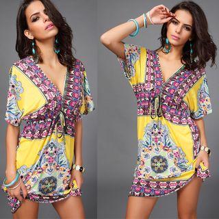 Patterned V-neck Short-sleeve Sundress
