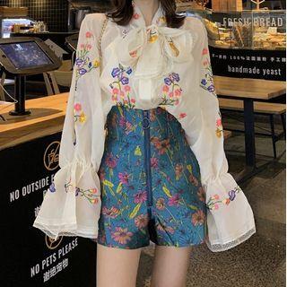 Flower Embroidered Bell-sleeve Blouse / High-waist Shorts
