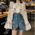 Flower Embroidered Bell-sleeve Blouse / High-waist Shorts