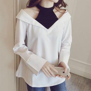 Mock Two-piece Long-sleeve Cold Shoulder Top